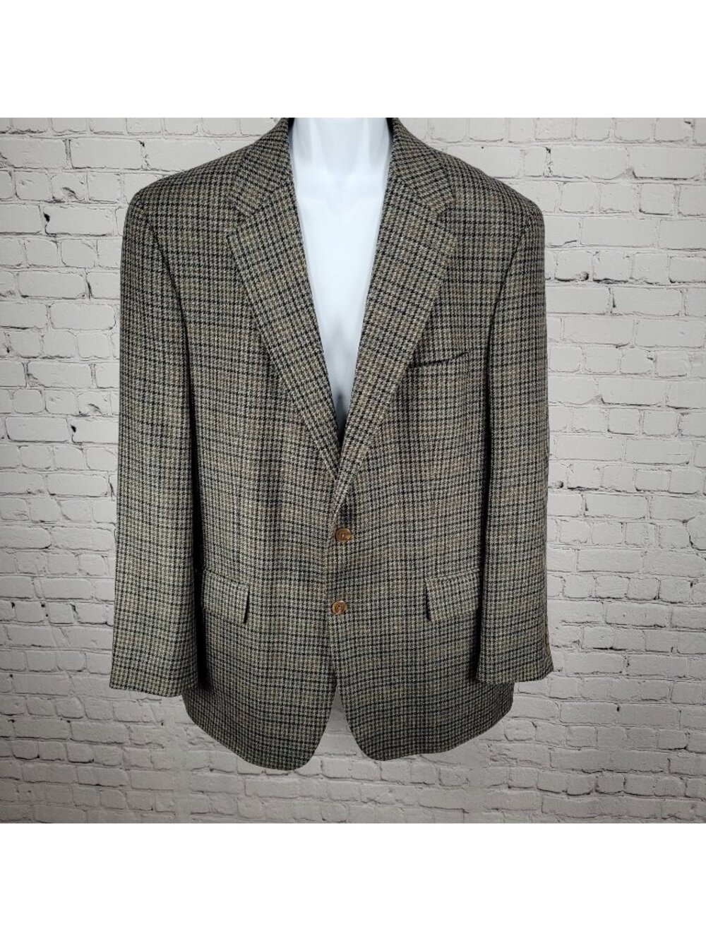 Chaps Ralph Lauren Brown & Blue 100% Wool Houndstooth Blazer Sport Coat Size 46